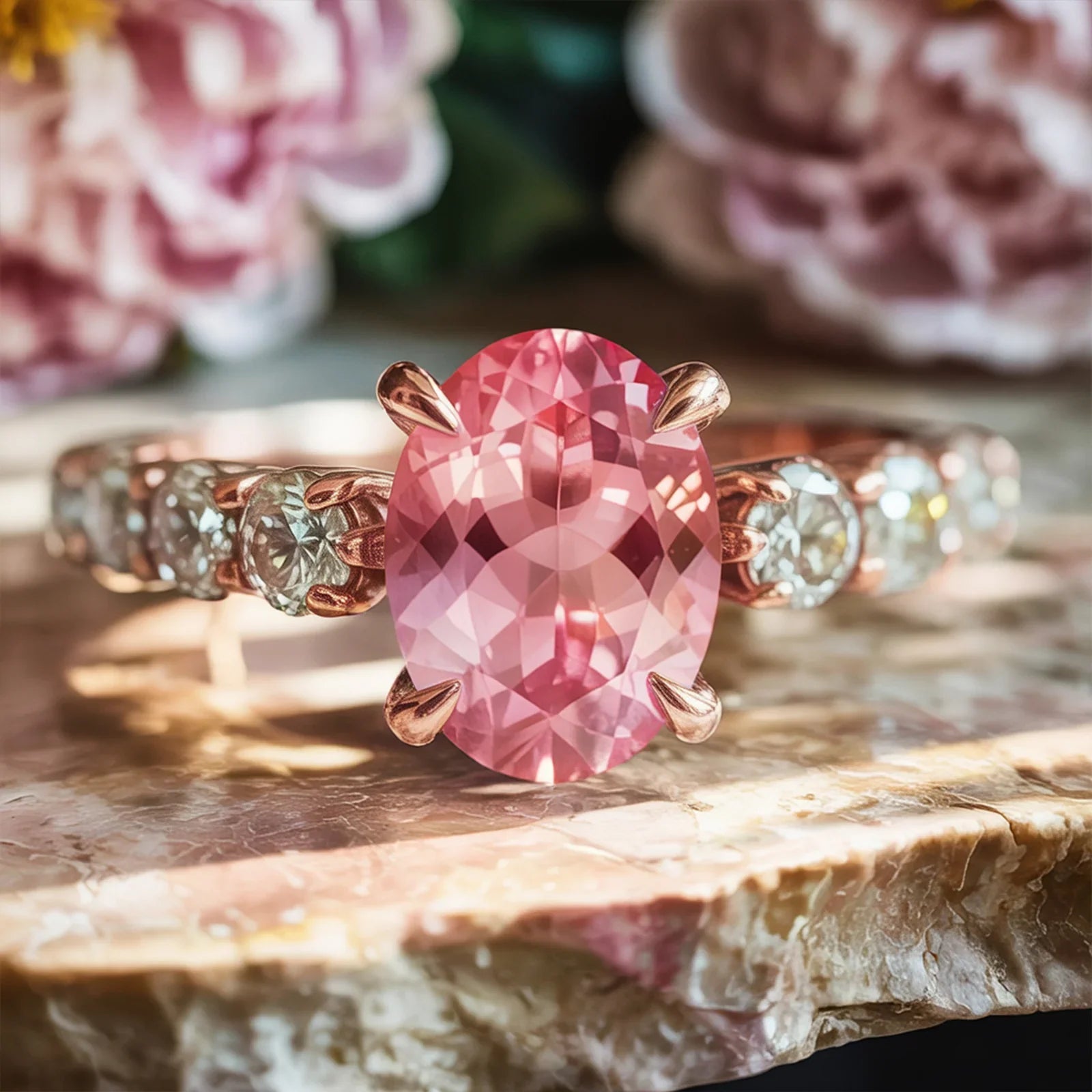Bague Célestine avec pierre précieuse rose taille ovale