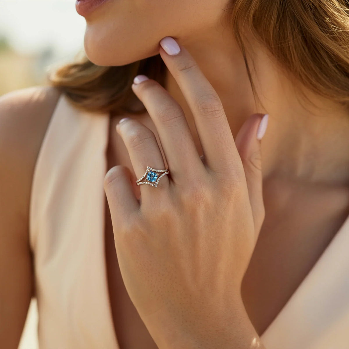 The Arista Peak 2CT Princess Cut Blue Gemstone Halo Ring