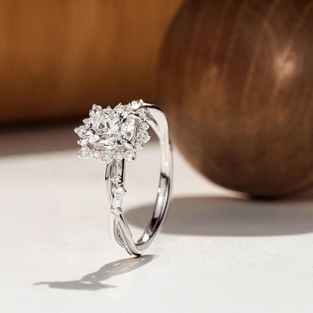 White Cushion Design Moissanite Engagement Ring