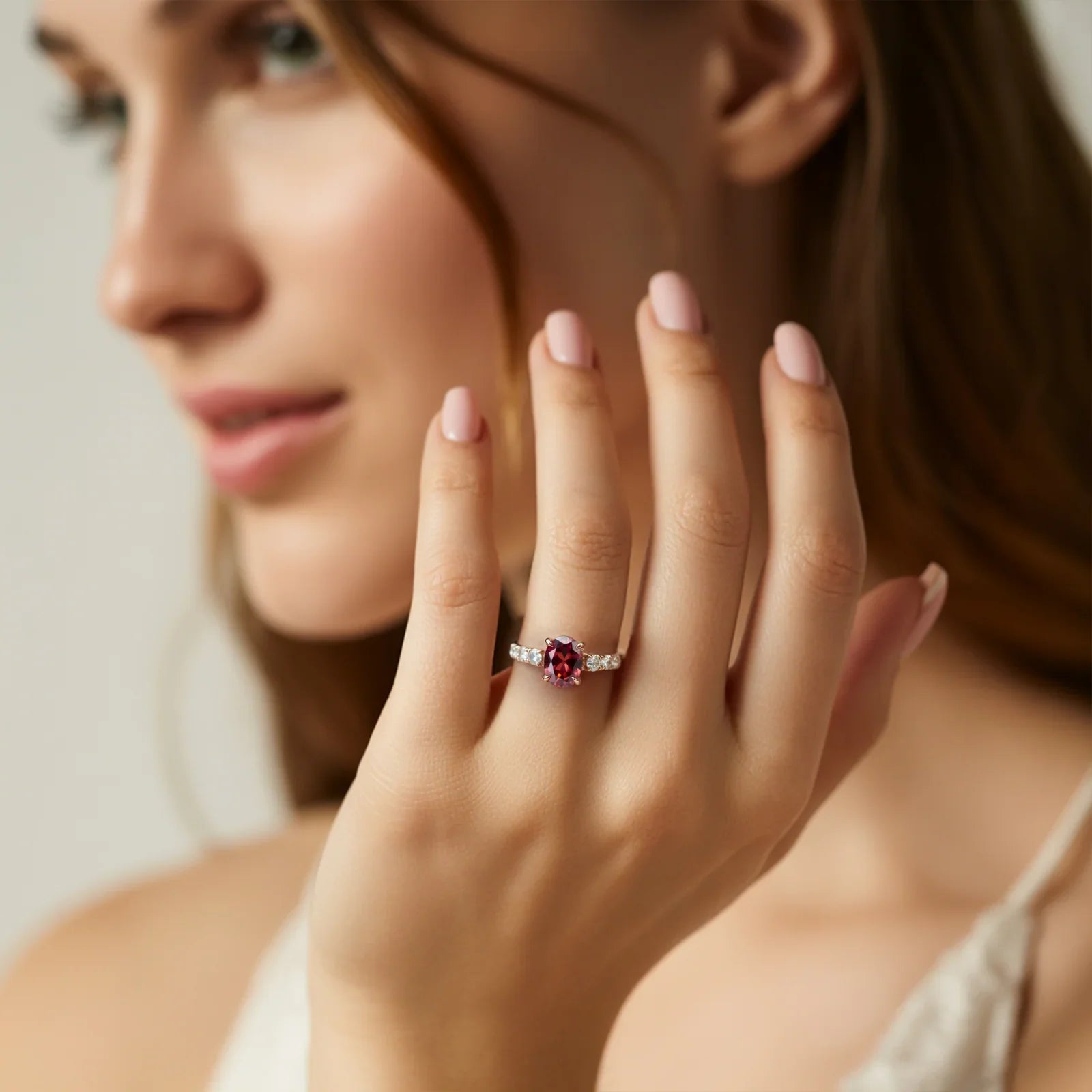 Der Celestine Ring mit ovalem, rotem Edelstein