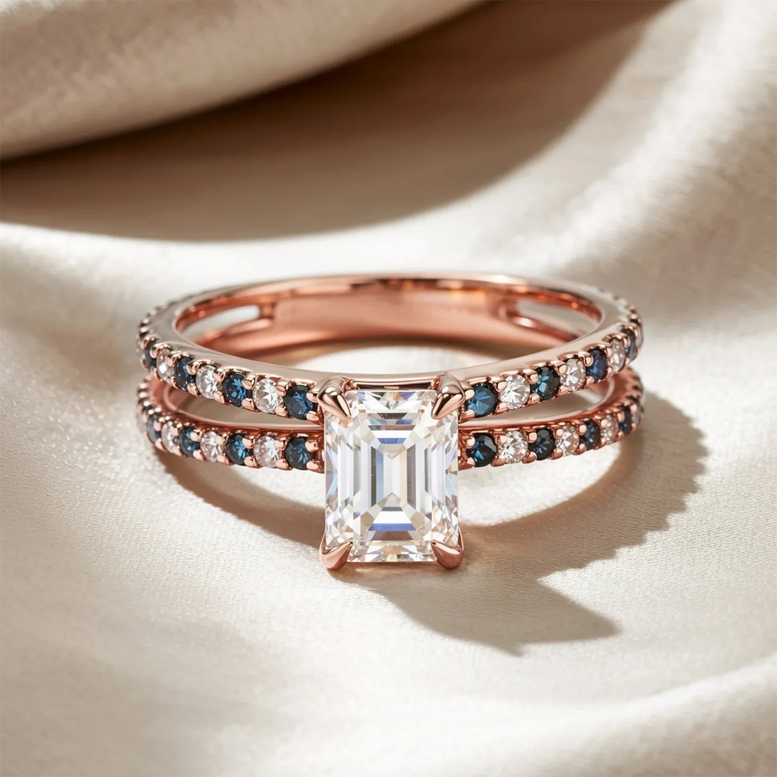 The Cerulean Divide Eternity Emerald Cut Moissanite Ring