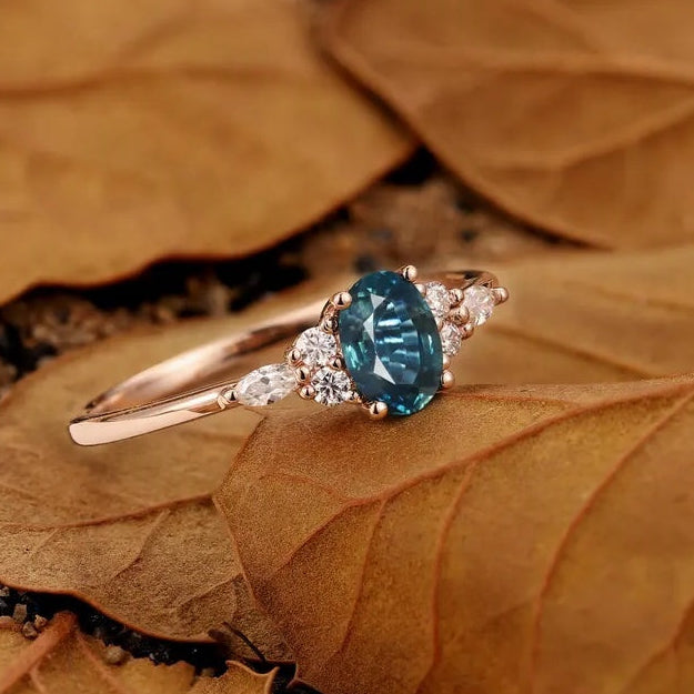 Nature Inspired Oval Cut Green Gemstone Cluster Engagement Ring