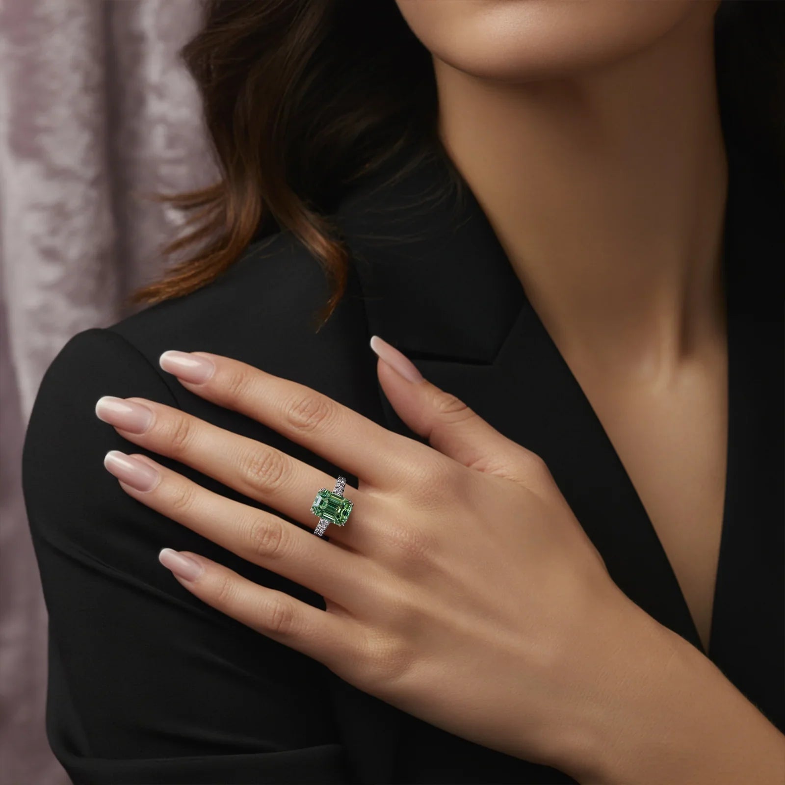 Kamelienring mit smaragdgrünem Edelstein im Smaragdschliff