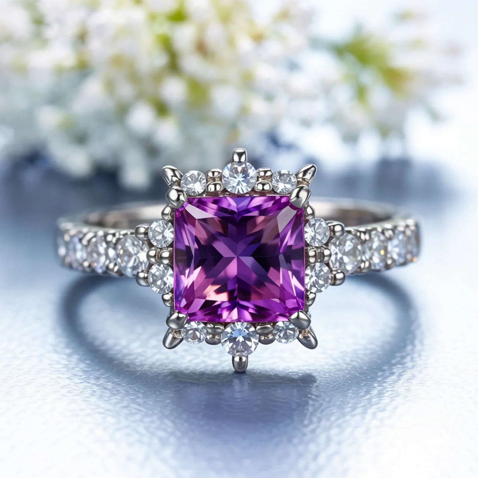 Bague Caterina avec pierre précieuse violette taille princesse