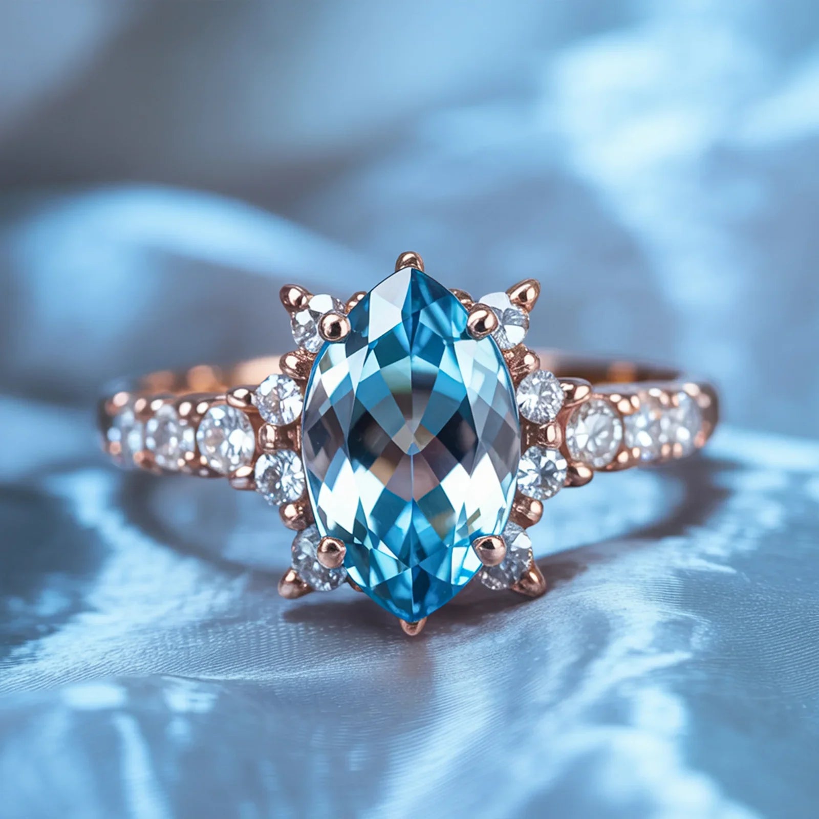 Der Caterina-Ring mit blauem Edelstein im Marquise-Schliff