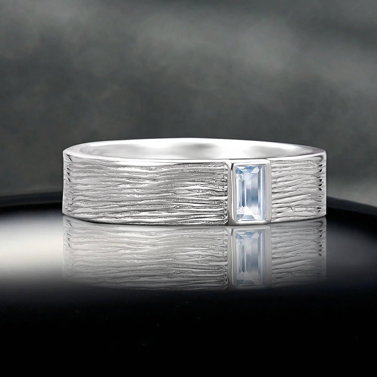 Bezel Emerald Cut Aquamarine Hammered Wedding Band in Sterling Silver