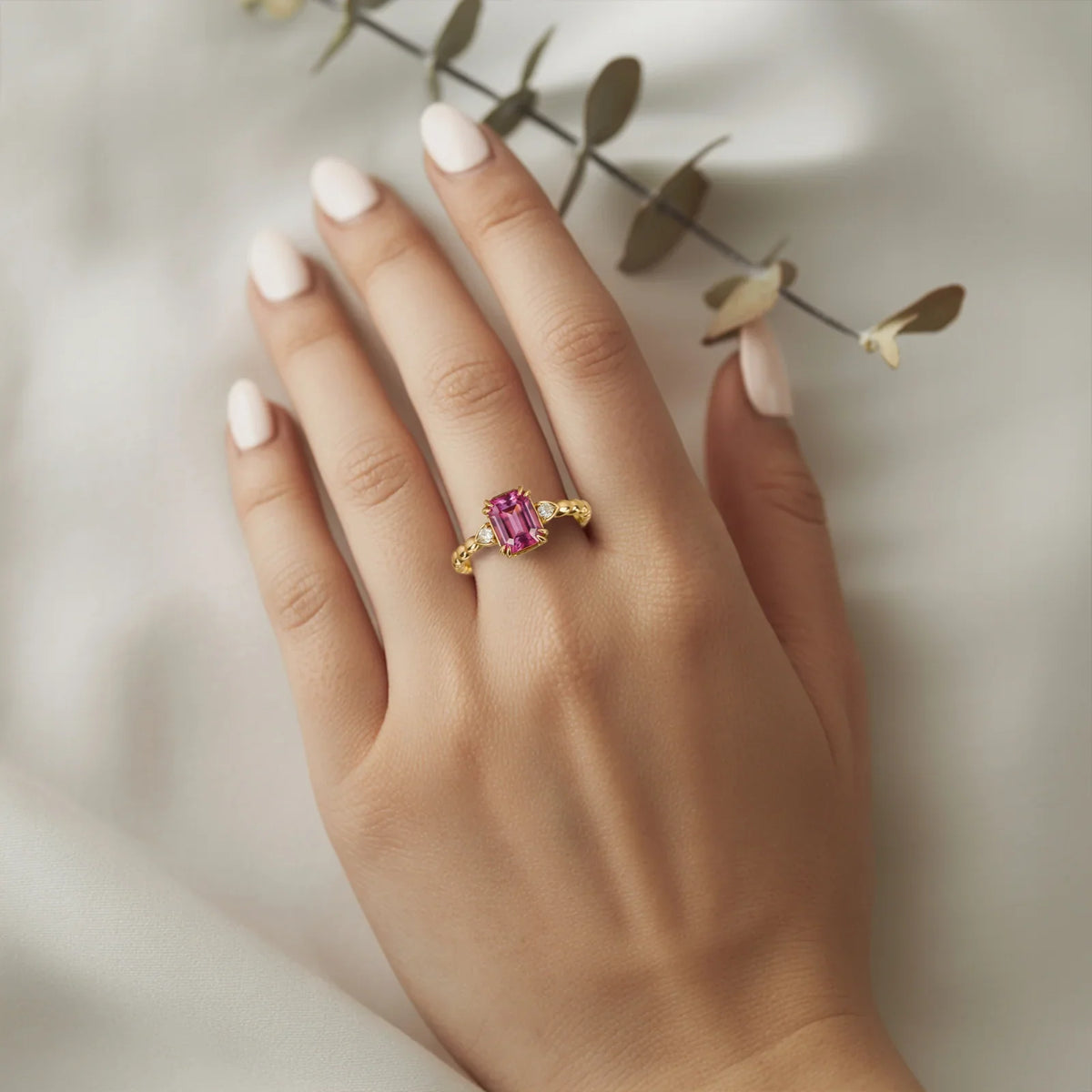 The Elowyn 2CT  Emerald-Cut Rose Pink Gemstone Ring