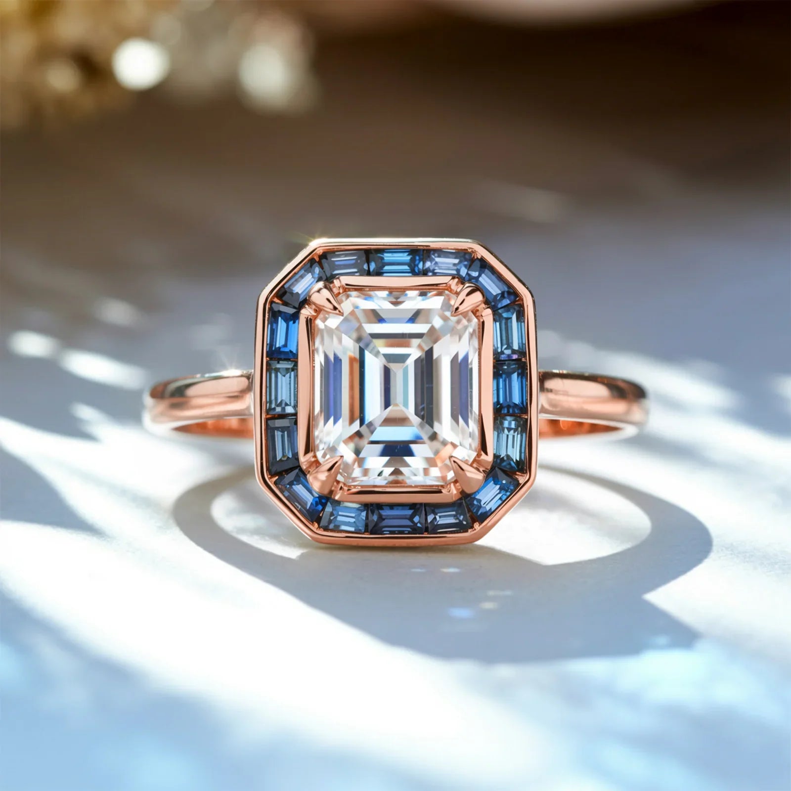 The Indigo Whisper 1CT Emerald Cut Halo Moissanite Ring