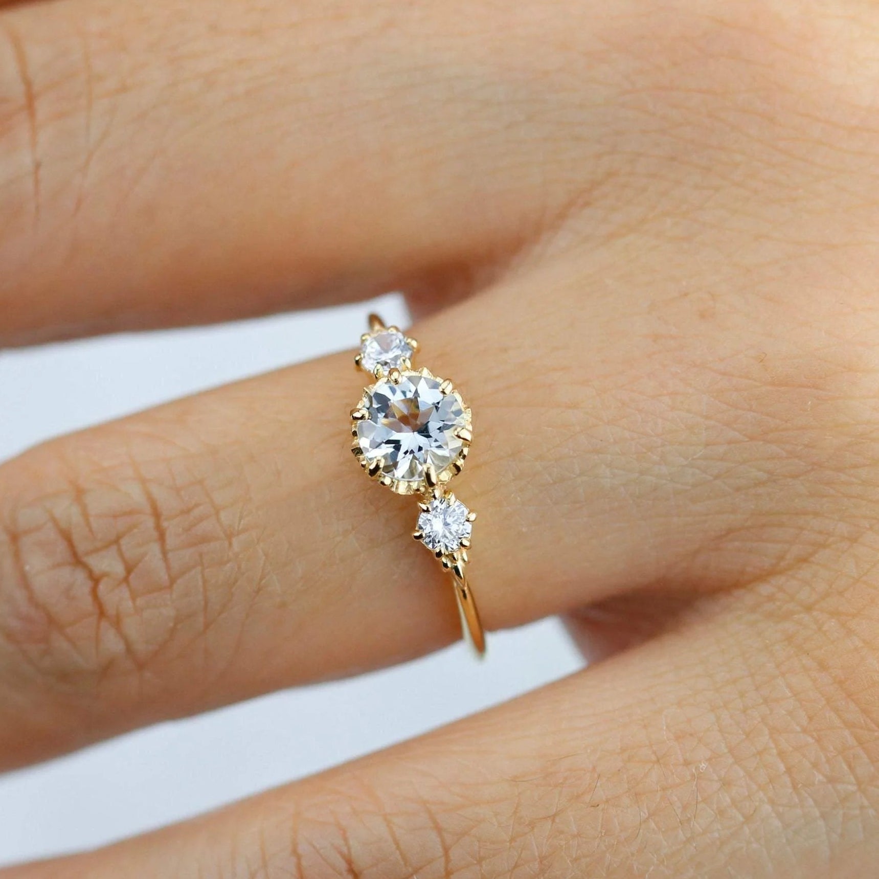 Round Cut Lab Grown Aquamarine Three-Stone Engagement Ring