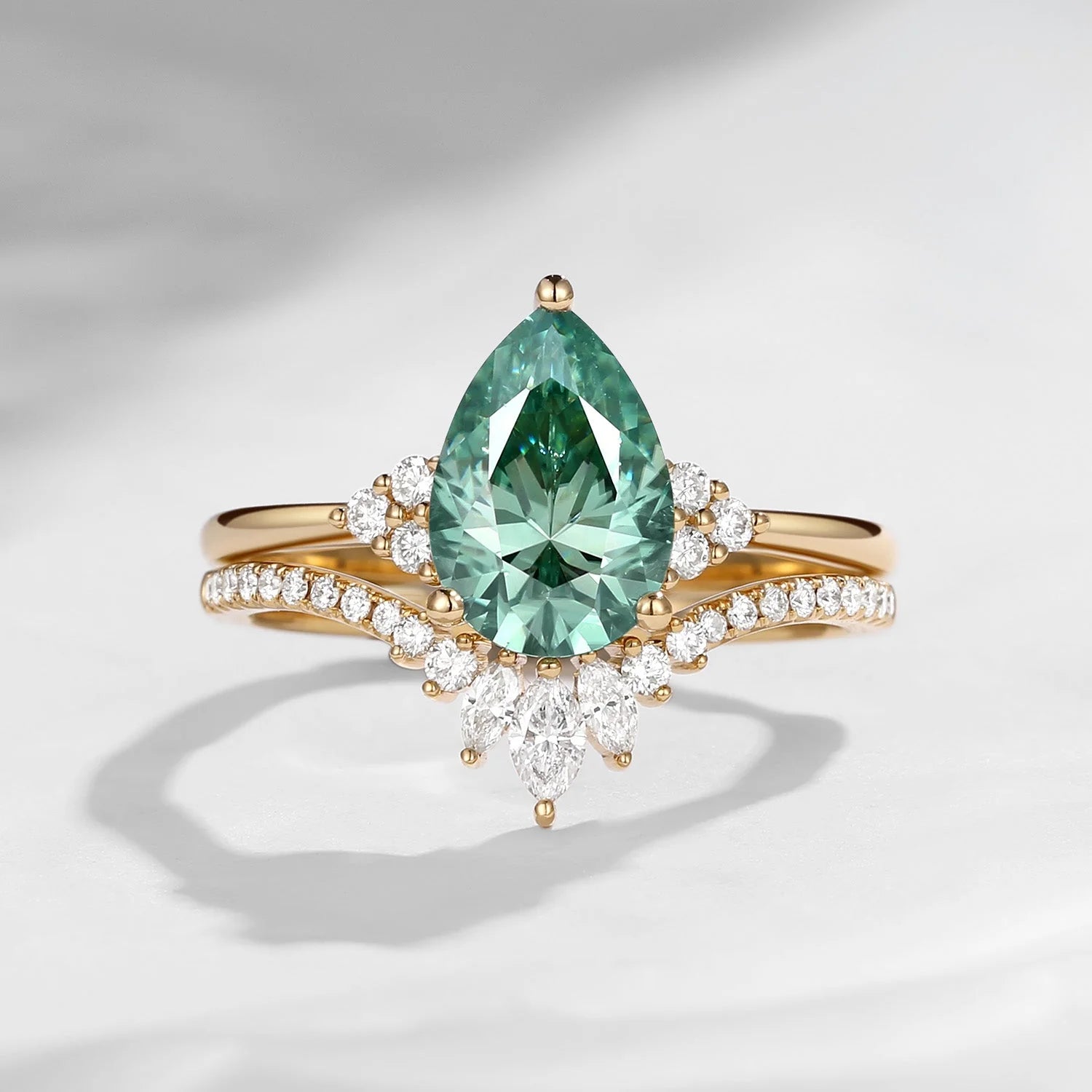 Dissoo® Rosa florales birnenförmiges Goldring-Set mit gebogenem Stapelring