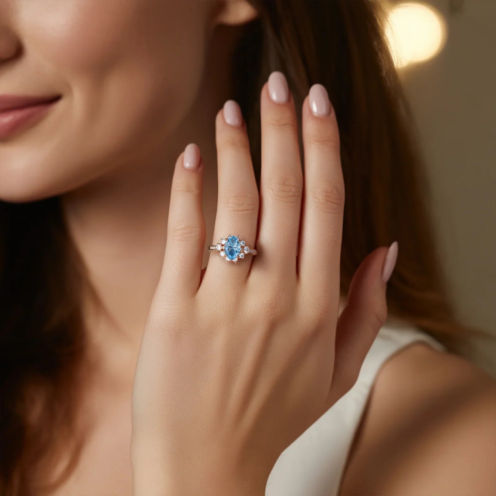 The Bethany 2CT Marquise Cut Blue Gemstone Halo Ring