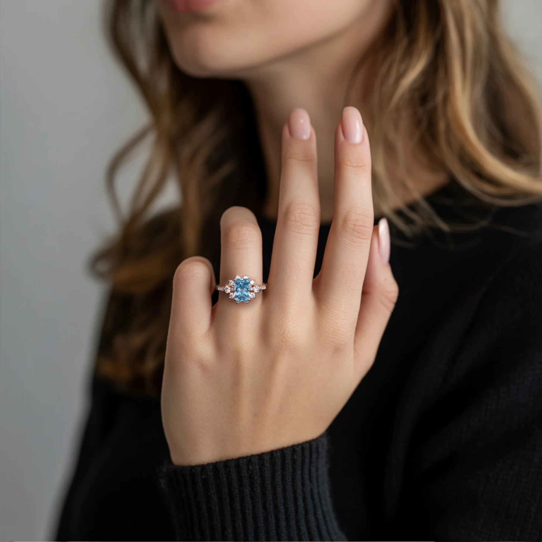 Bethany Radiant Cut Blue Gemstone Halo Ring