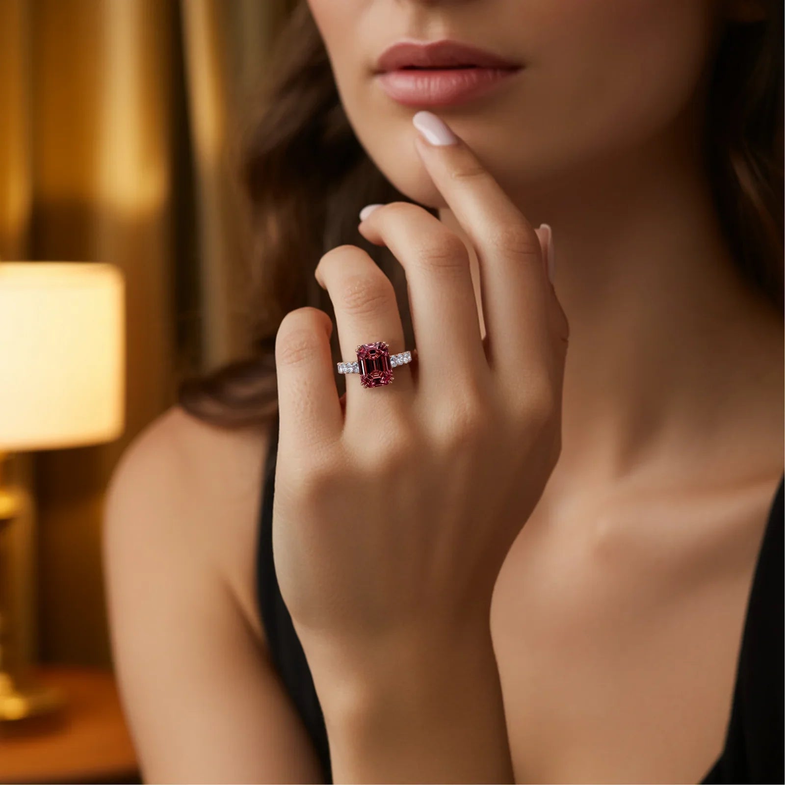 Camellia 3CT Emerald Cut Red Gemstone Ring