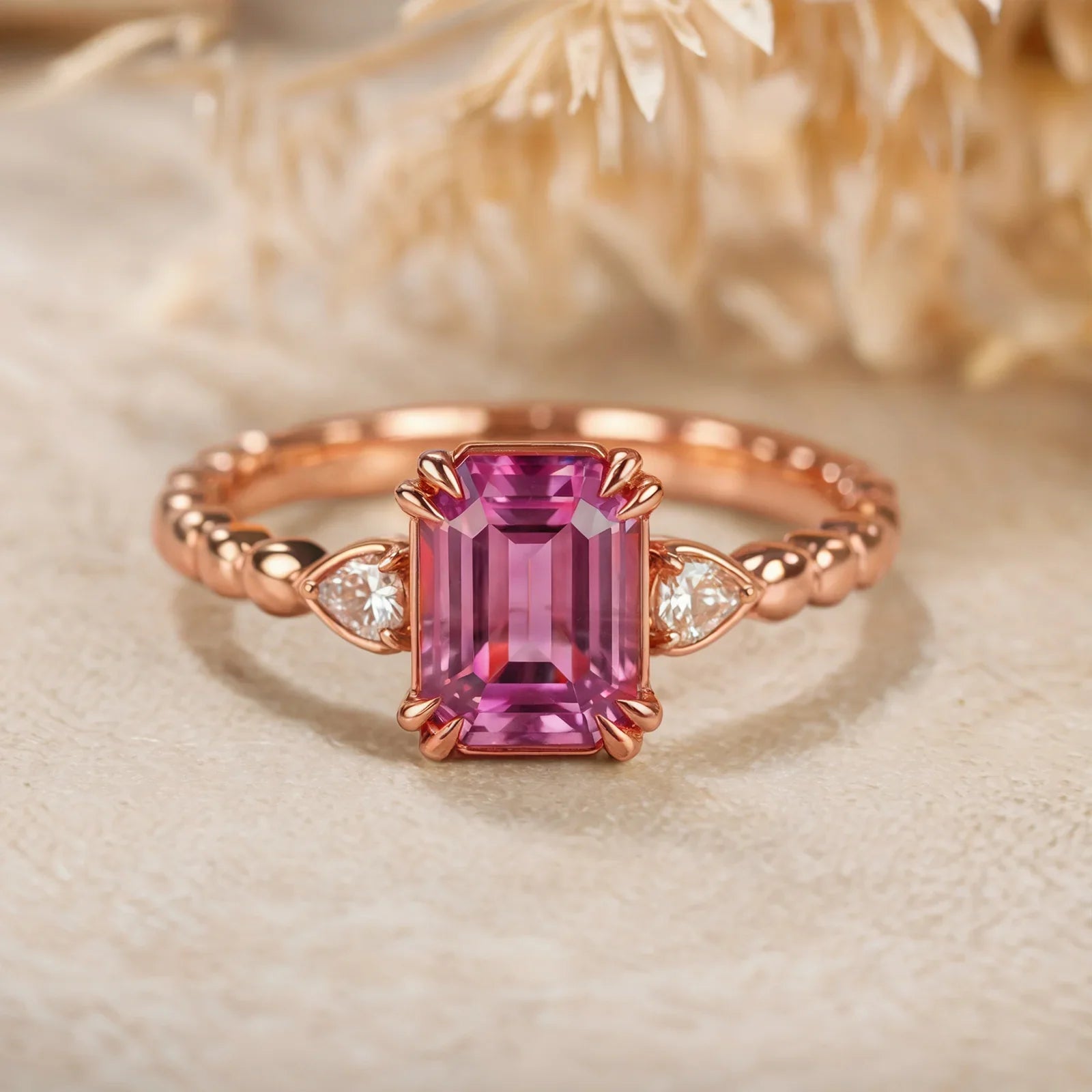 The Elowyn 2CT  Emerald-Cut Rose Pink Gemstone Ring