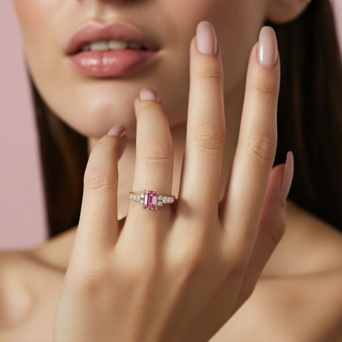 The Adelina Rae 2CT Emerald Cut Pink Gemstone Ring