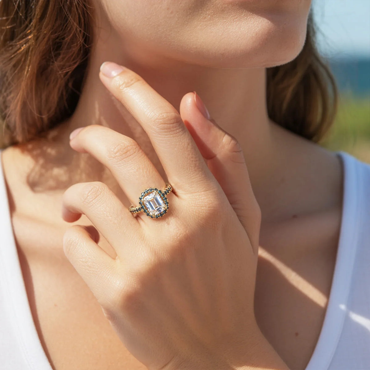The Isolde 2CT Emerald Cut Halo Moissanite Ring
