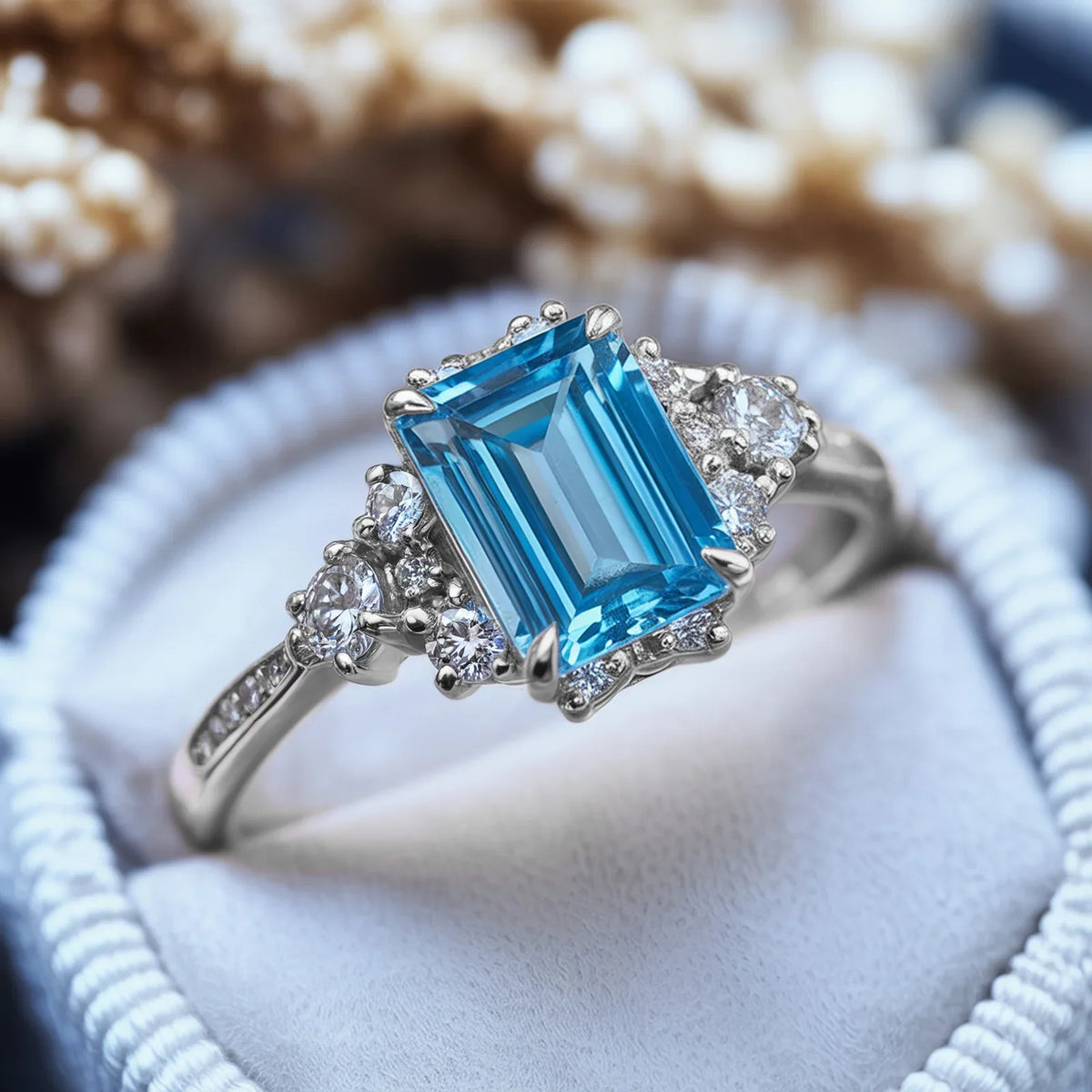 The Bethany 2CT Emerald Cut Blue Moissanite Halo Ring