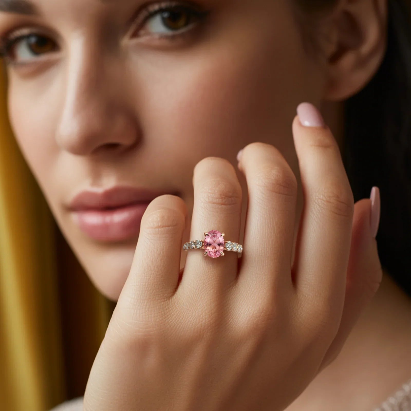 Bague Célestine avec pierre précieuse rose taille ovale