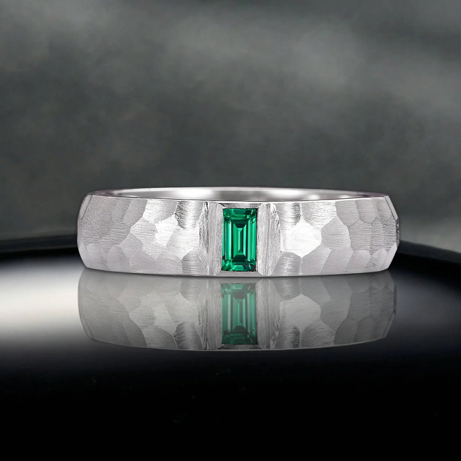 Bezel Emerald Cut Emerald Hammered Wedding Band in Sterling Silver