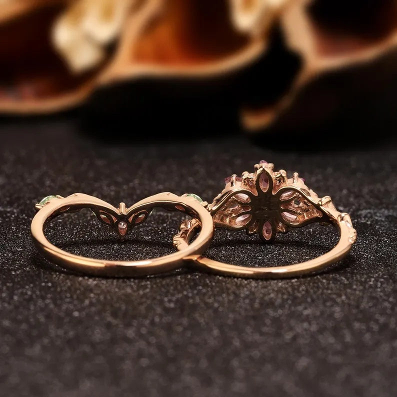 Virelia Vintage Ring mit smaragdgeschliffenem, verschlungenem Zweig und rosa Edelstein