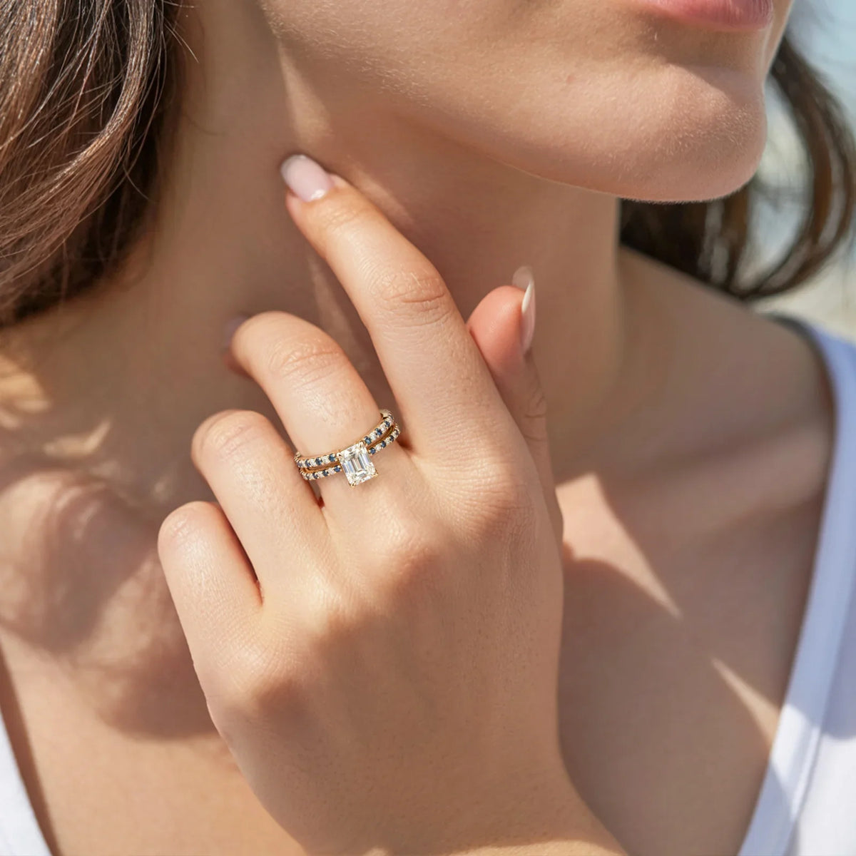 The Cerulean Divide 2CT Eternity Emerald Cut Moissanite Ring