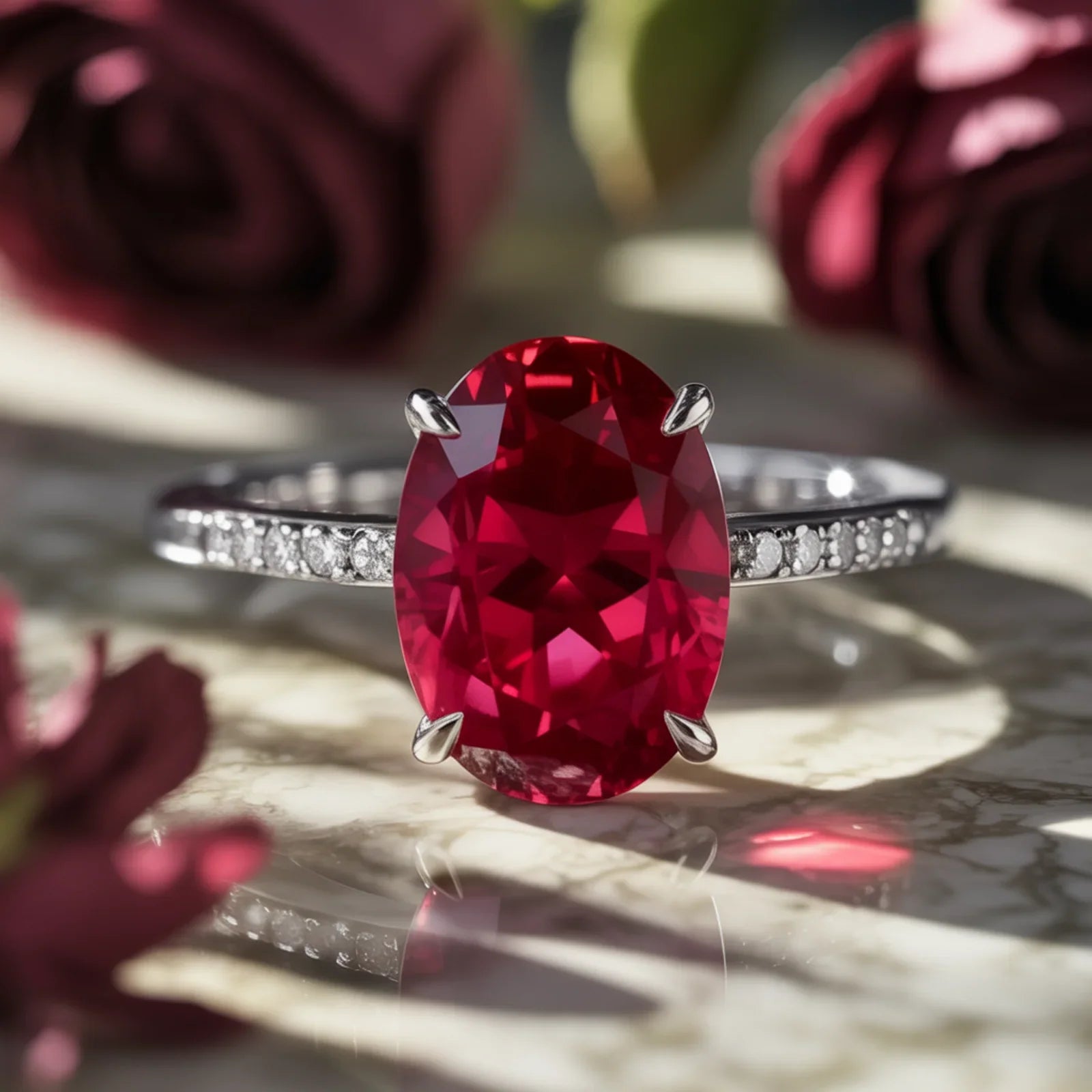 Der Ring mit dem oval geschliffenen roten Opalin-Edelstein