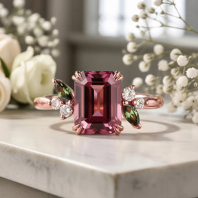 Virelia Vintage Emerald-Cut Entwined Branch Pink Gemstone Ring