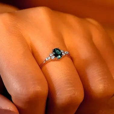 Nature Inspired Oval Cut Green Gemstone Cluster Engagement Ring