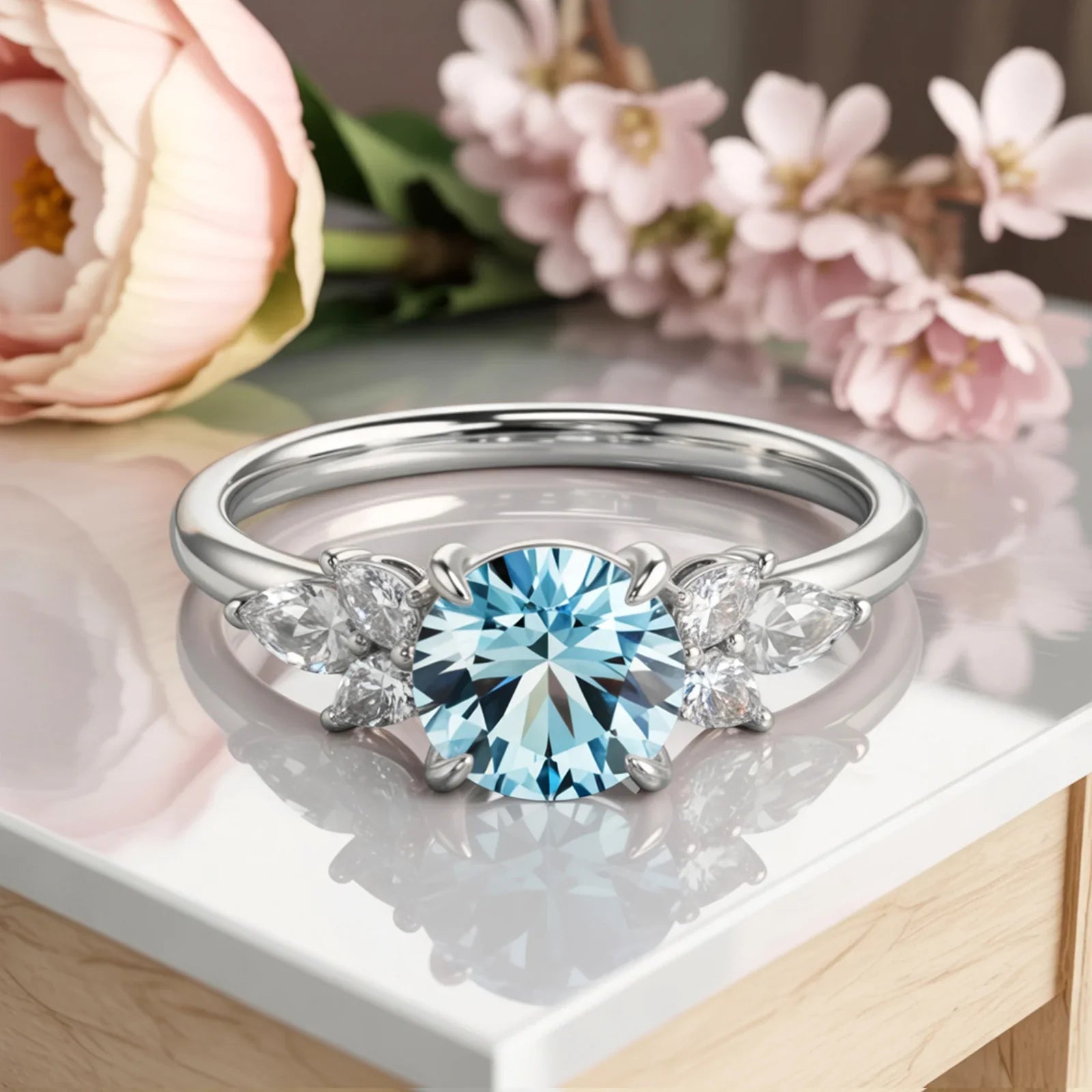 Bague Amaris en pierre précieuse bleue royale taille ronde, sertie de vigne