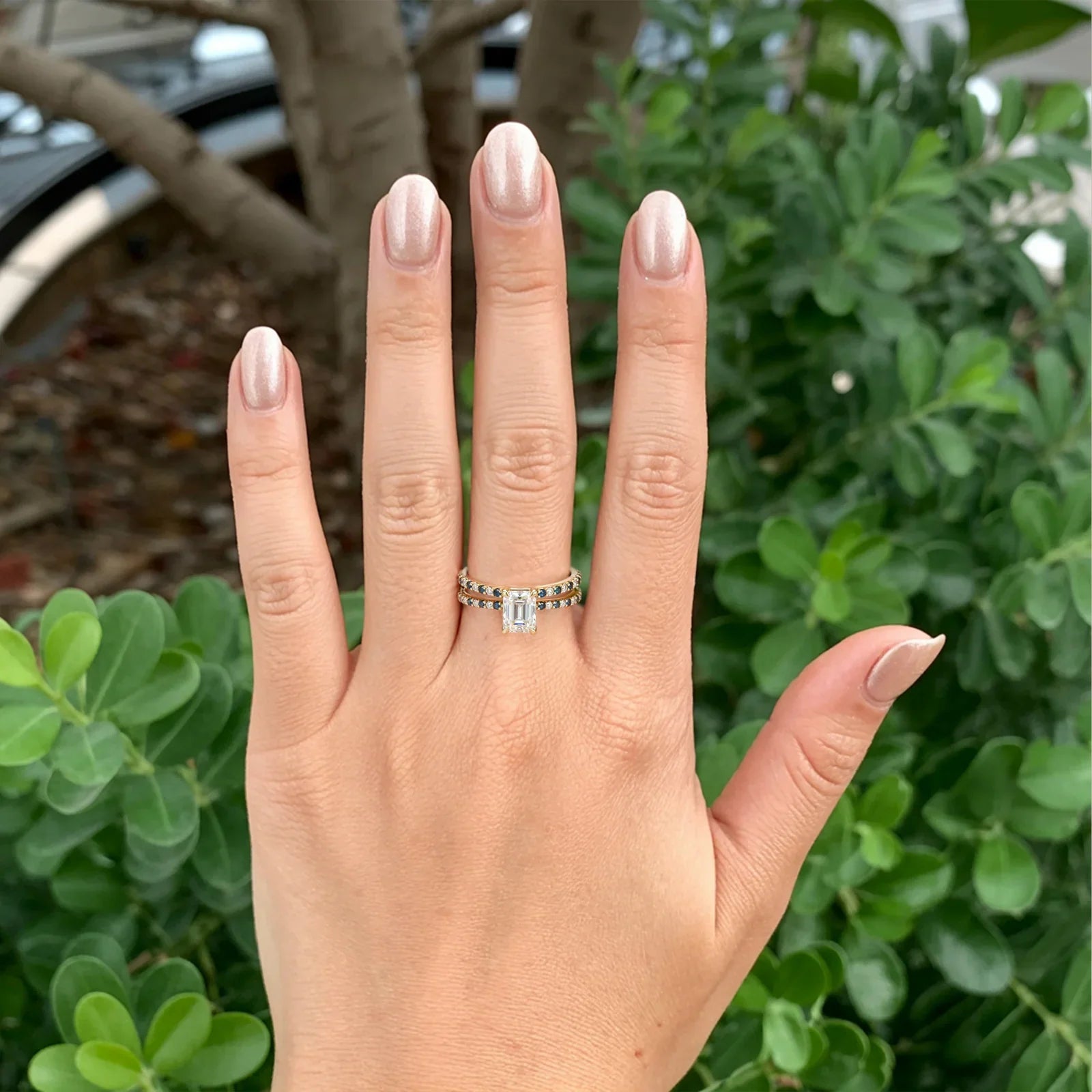 The Cerulean Divide Eternity Emerald Cut Moissanite Ring