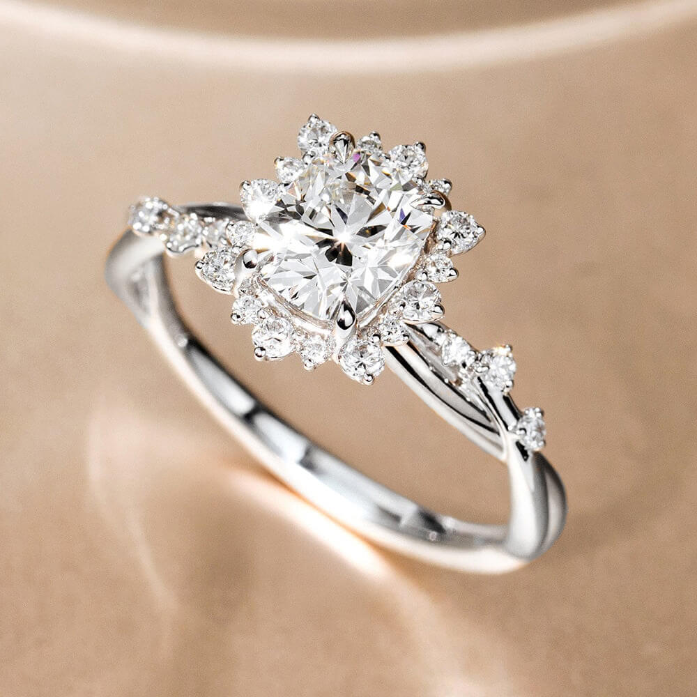 White Cushion Design Moissanite Engagement Ring