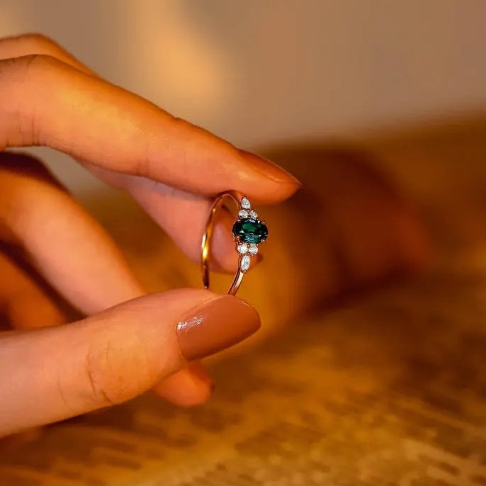 Nature Inspired Oval Cut Green Gemstone Cluster Engagement Ring