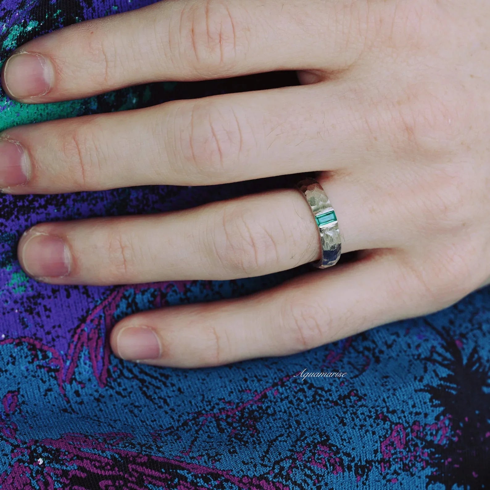 Bezel Emerald Cut Emerald Hammered Wedding Band in Sterling Silver