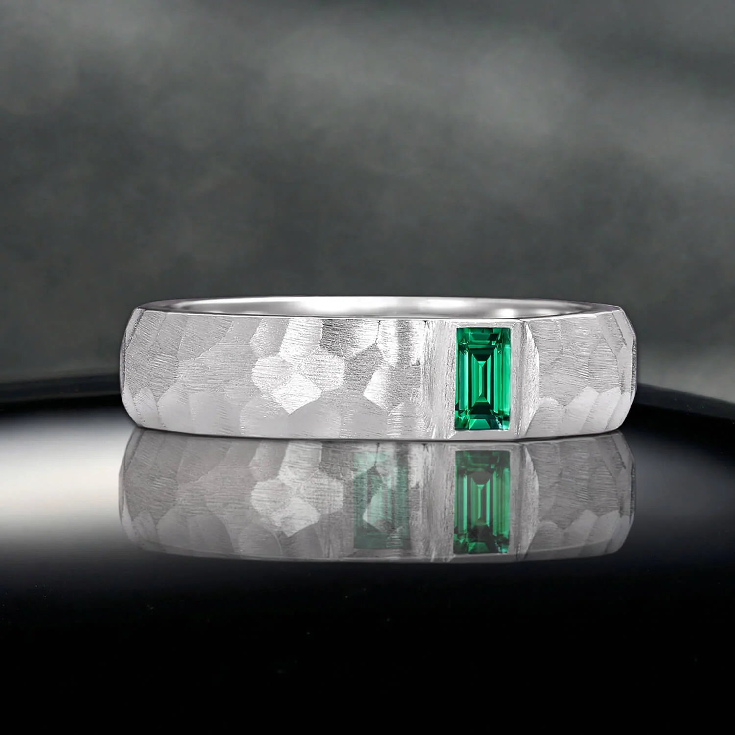 Bezel Emerald Cut Emerald Hammered Wedding Band in Sterling Silver
