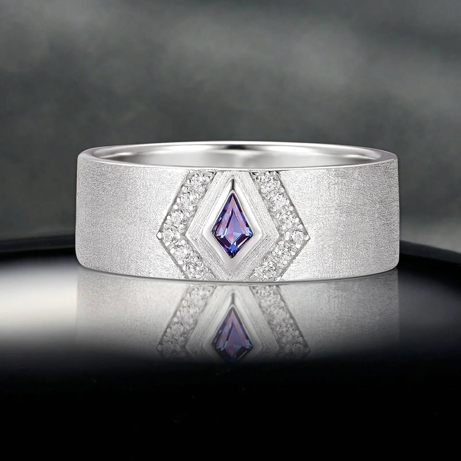Kite Cut Alexandrite Wedding Band in Sterling Silver