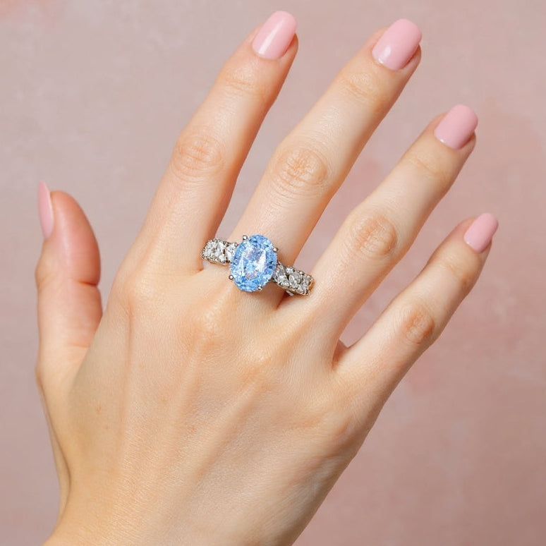 The Celestine Oval Cut Lab Grown Aquamarine Ice-crackle Texture Ring
