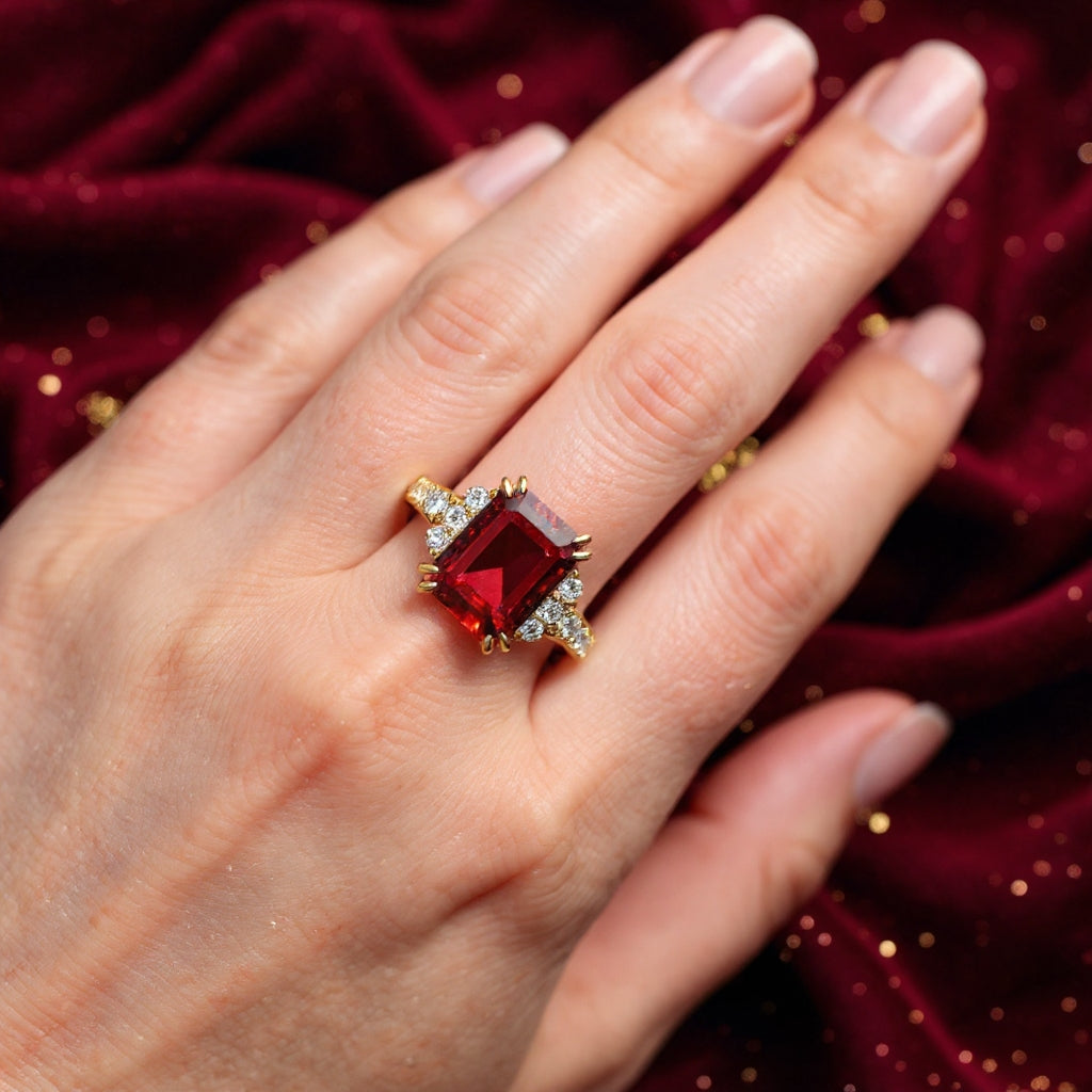 The Bella Emerald Cut Lab Grown Ruby Sapphire Ice-crackle Texture Ring