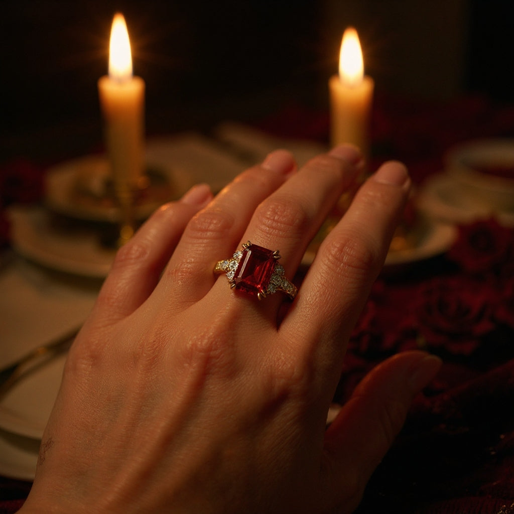 The Bella Emerald Cut Lab Grown Ruby Sapphire Ice-crackle Texture Ring