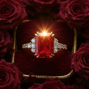 The Bella Emerald Cut Lab Grown Ruby Sapphire Ice-crackle Texture Ring