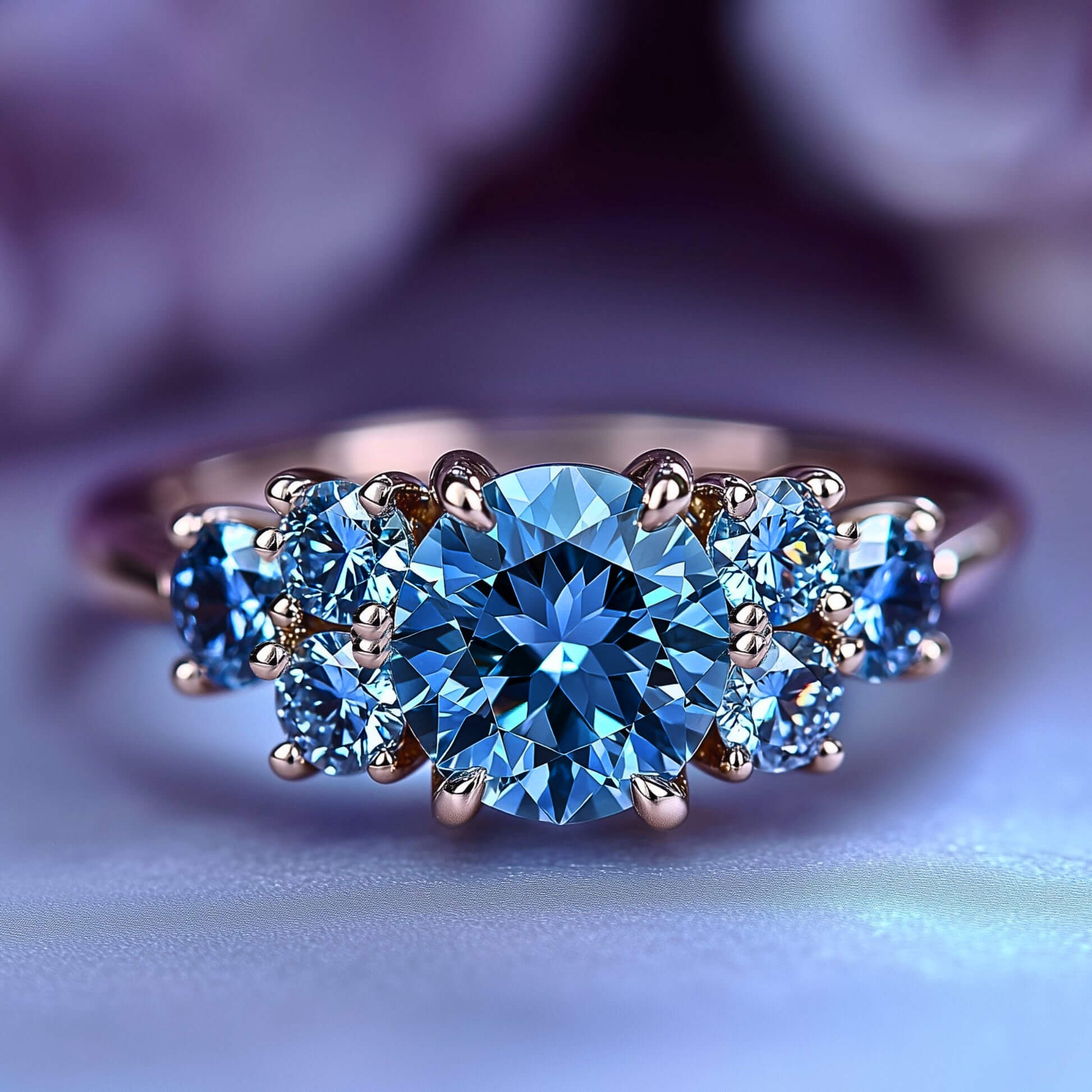 Carina Round Cut Blue Gemstone Triple Stone Ring