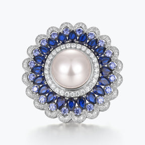 Dissoo® Blue Floral Halo Cluster Pearl Brooch/Pin & Leather Bracelet