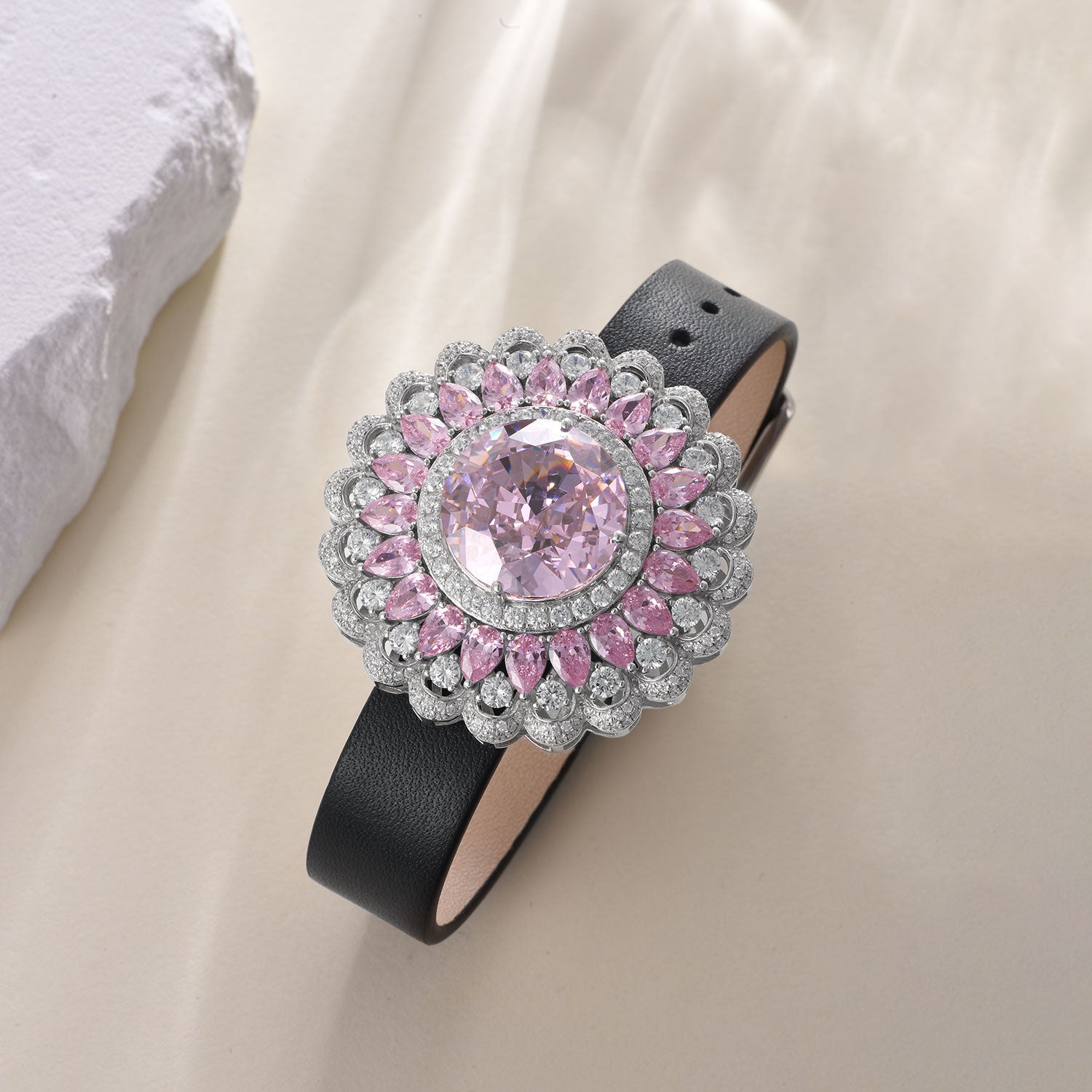 Dissoo® Pink Floral Halo Cluster Brooch/Pin & Leather Bracelet
