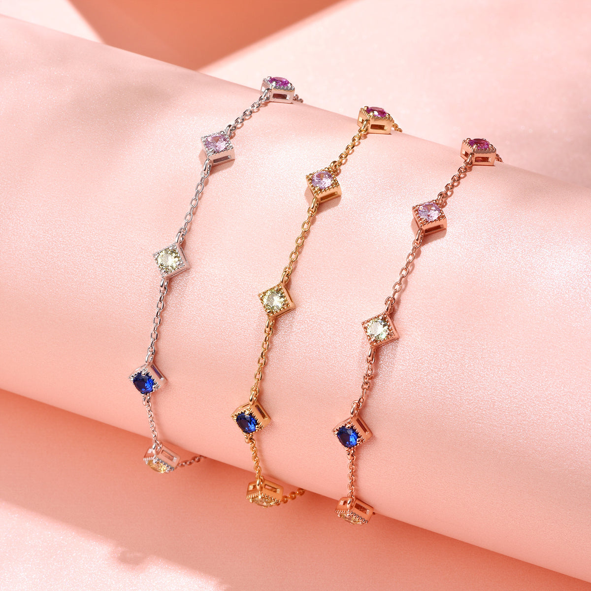 Dissoo® Rainbow Multicolor Square Charm Bracelet in 14K Yellow/Rose Gold Vermeil,and Sterling Silver