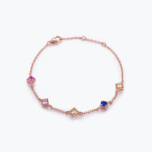 Dissoo® Rainbow Multicolor Square Charm Bracelet in 14K Yellow/Rose Gold Vermeil,and Sterling Silver