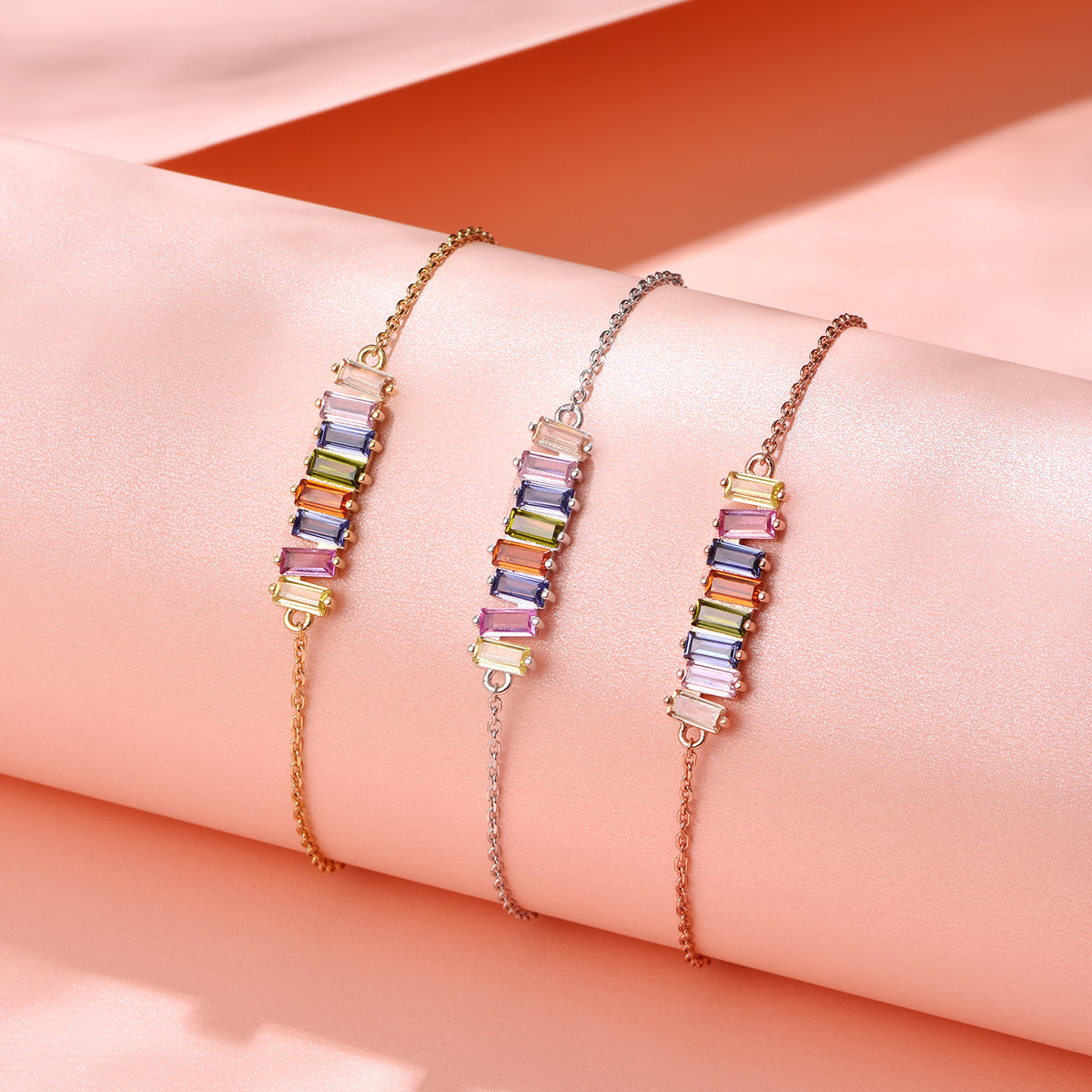 Dissoo® Baguette Rainbow Bracelet in 14K Yellow/Rose Gold Vermeil,and Sterling Silver