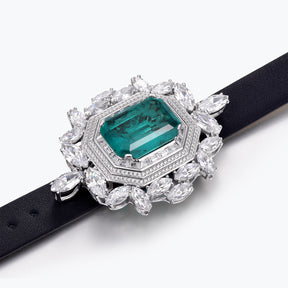 Dissoo® Classic Art Deco Emerald Green Floral Cluster Leather Bracelet & Brooch