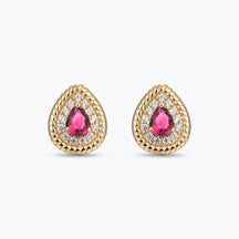 Dissoo® Gold Pear Ruby Halo Twisted Frame Stud Earring