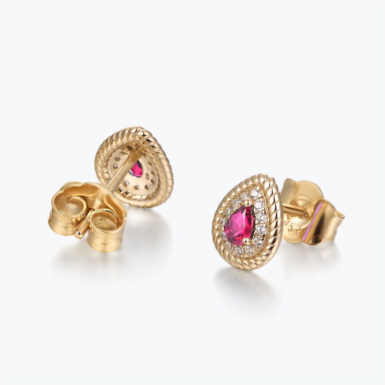 Dissoo® Gold Pear Ruby Halo Twisted Frame Stud Earring