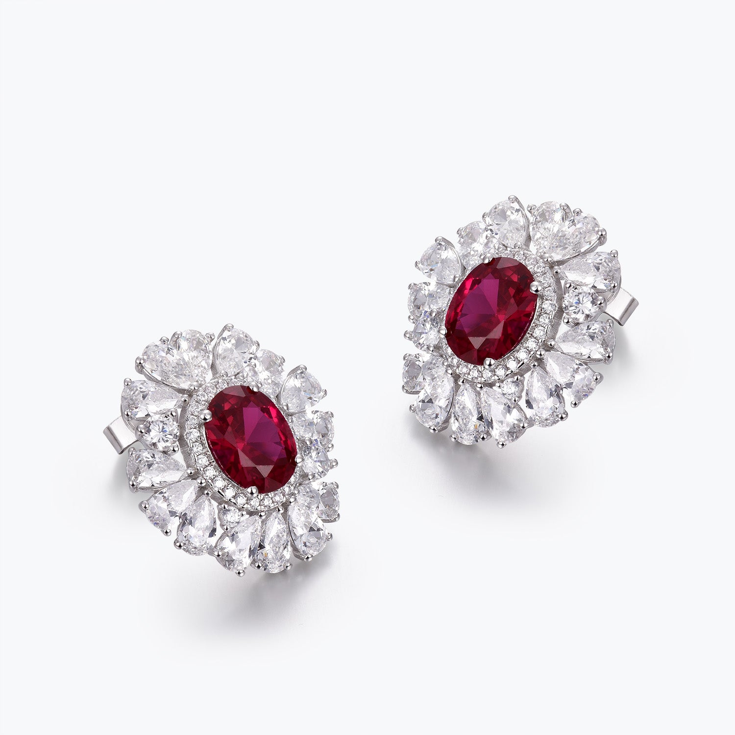 Dissoo® Ruby Red Halo Floral Cluster Stud Earring in Sterling Silver