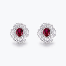 Dissoo® Ruby Red Halo Floral Cluster Stud Earring in Sterling Silver